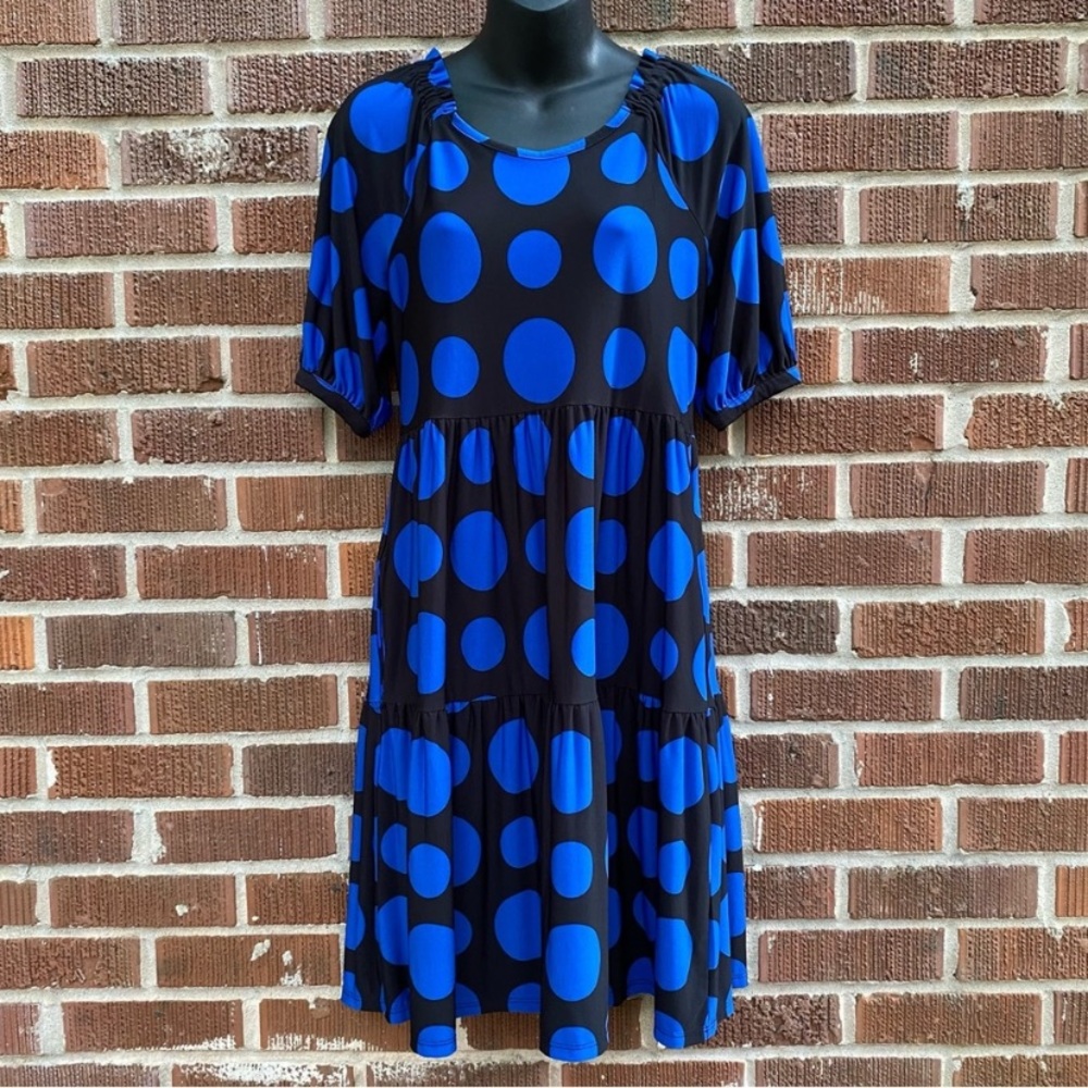 Cato black with blue polka dots Midi Flowy tiered dress Size S